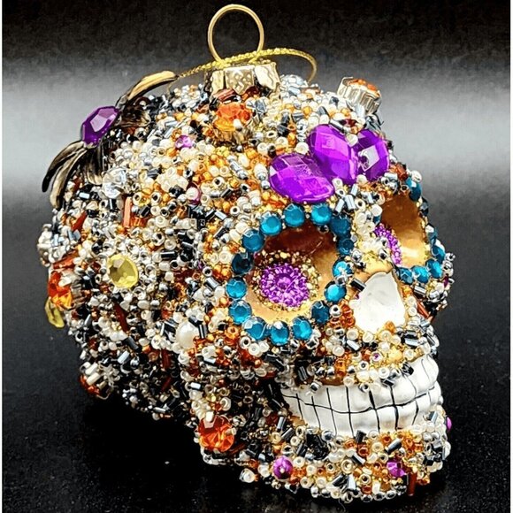 Sugar Skull Ornament Pier 1 Rhinestone Beaded Sequins Retired Halloween Gold v1 - Picture 2 of 10